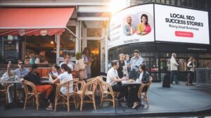 People dining outside near advertising billboard for SEO