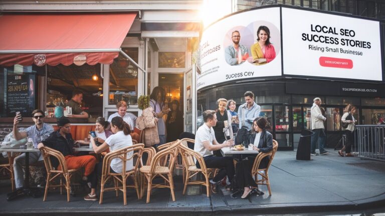 People dining outside near advertising billboard for SEO