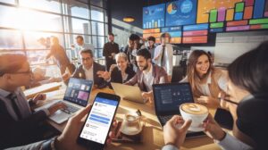 Diverse team working with tech in sunny office cafe