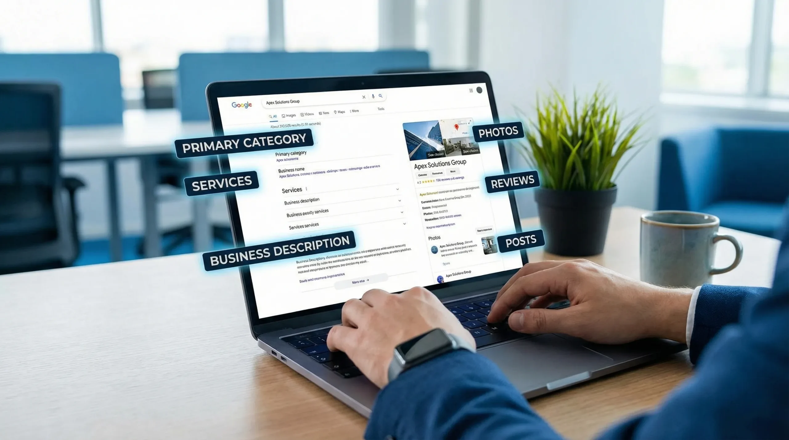 A Google Business Profile listing mockup showing key optimization areas highlighted: primary category, services, business description, photos, reviews, and posts.