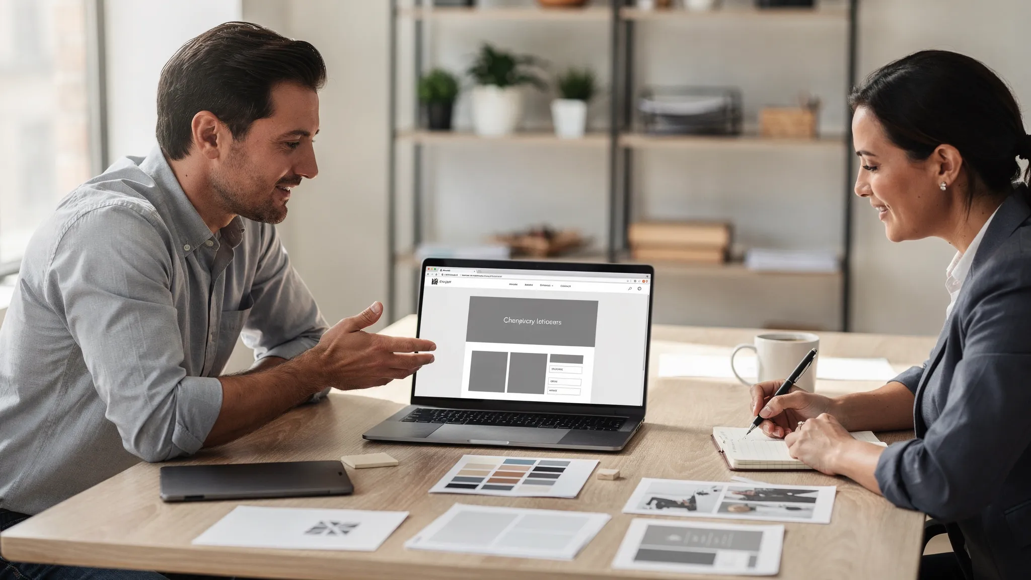 A small business owner meeting with a web designer at a table, reviewing a website wireframe on a laptop with a notebook and printed brand materials nearby.