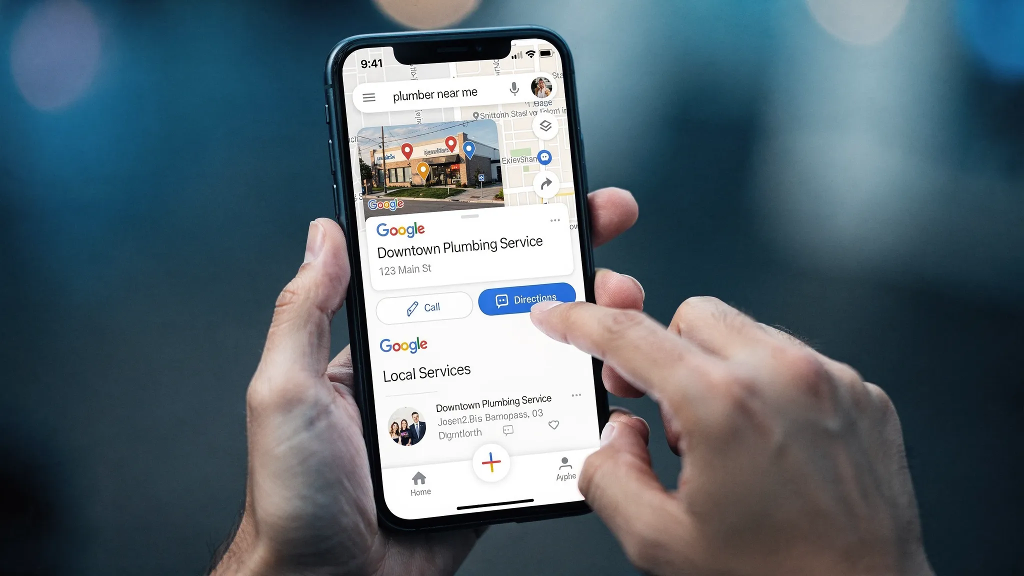 A close-up of a person holding a smartphone showing a Google search result for a local service, with a map pack at the top and visible “Call” and “Directions” buttons, representing mobile-first local search behavior.