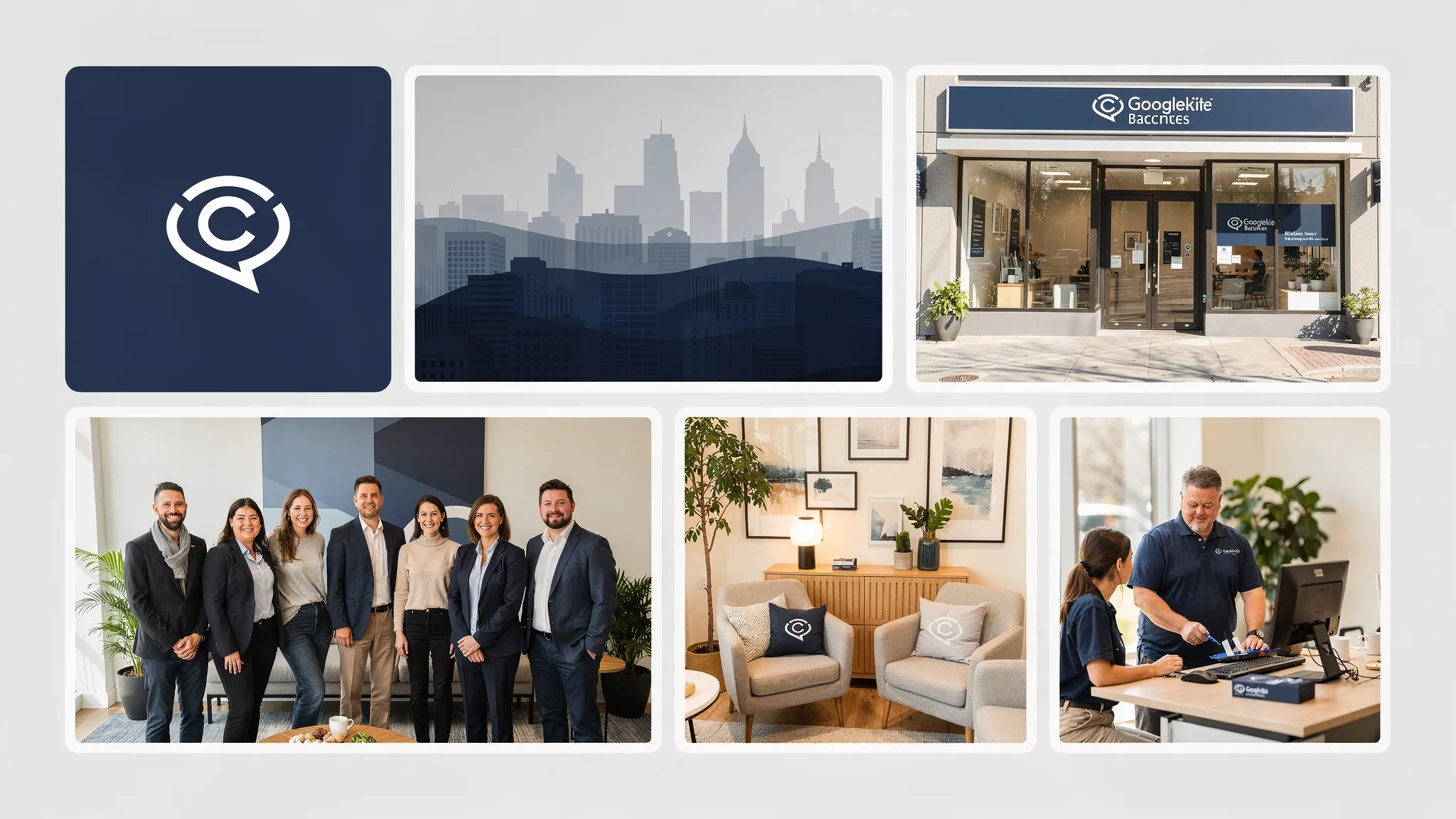 A collage-style visual showing the main Google Business Profile photo types: logo, cover photo, exterior storefront with signage, interior waiting area, staff team photo, and “at work” service photo.