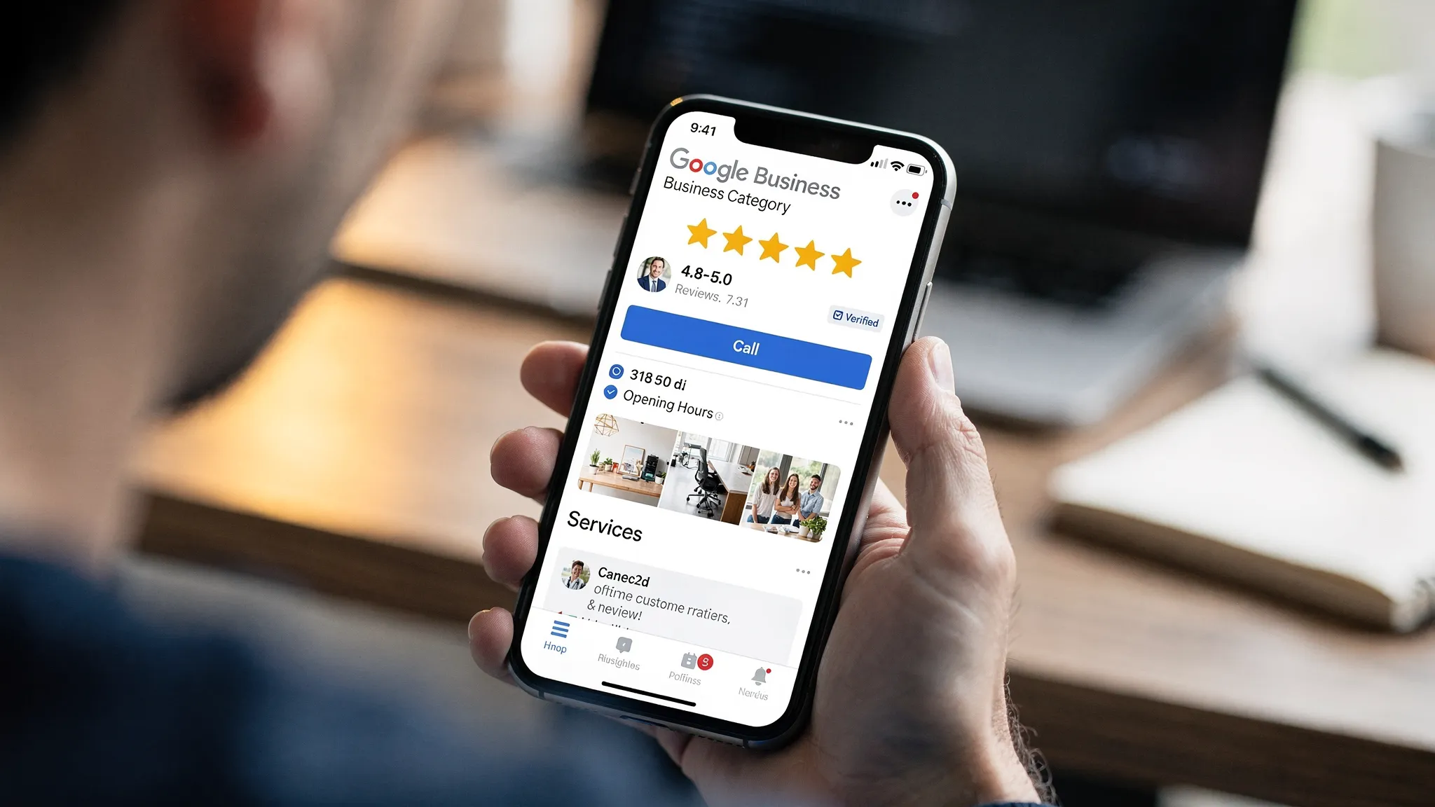 A Google Business Profile on a phone showing business name, category, star rating, “Call” button, hours, photos, services list, and reviews, with key trust elements highlighted.