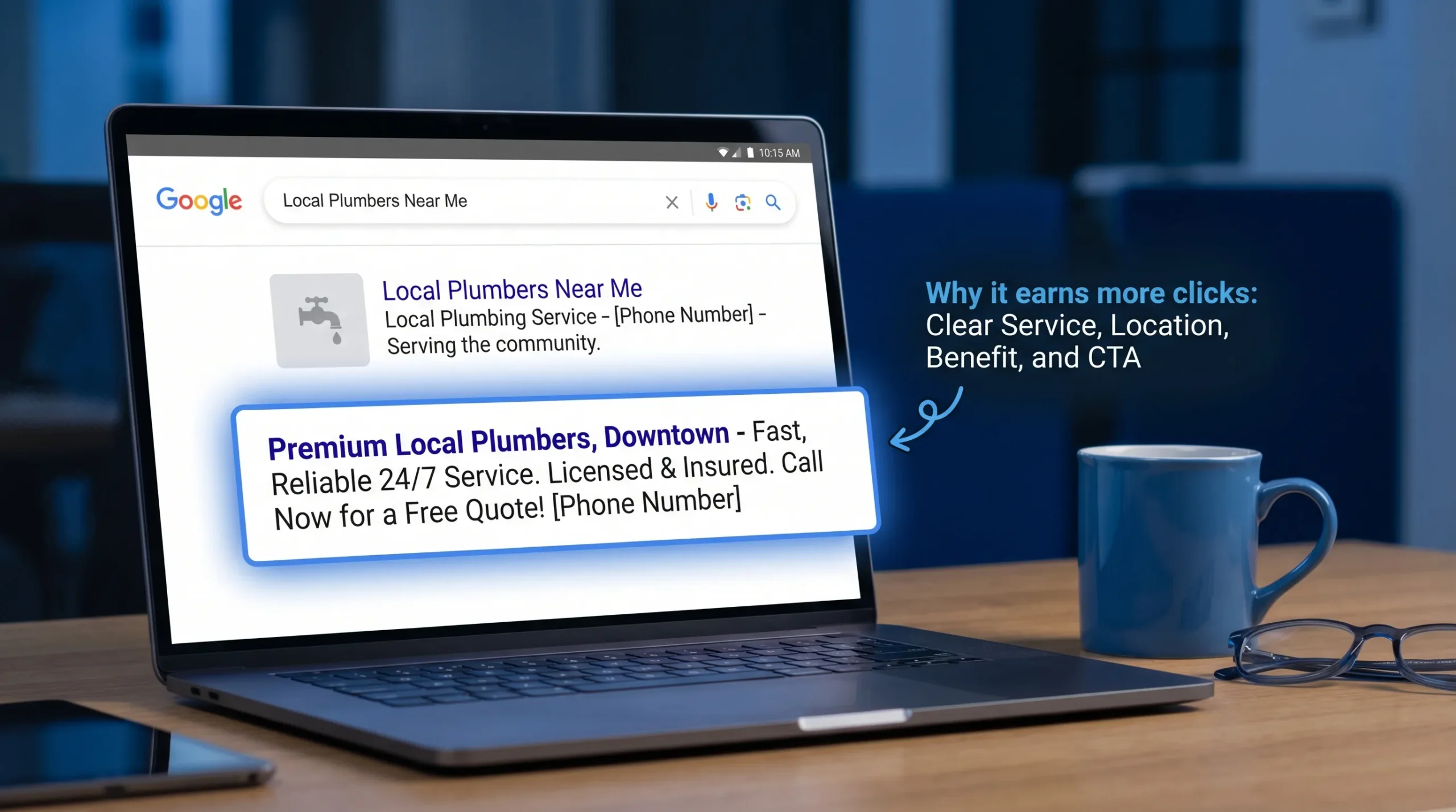 A Google search results page showing two competing local service listings. One snippet is generic, the other clearly states the service, location, benefit, and a call-to-action. The better snippet is highlighted to show why it earns more clicks.