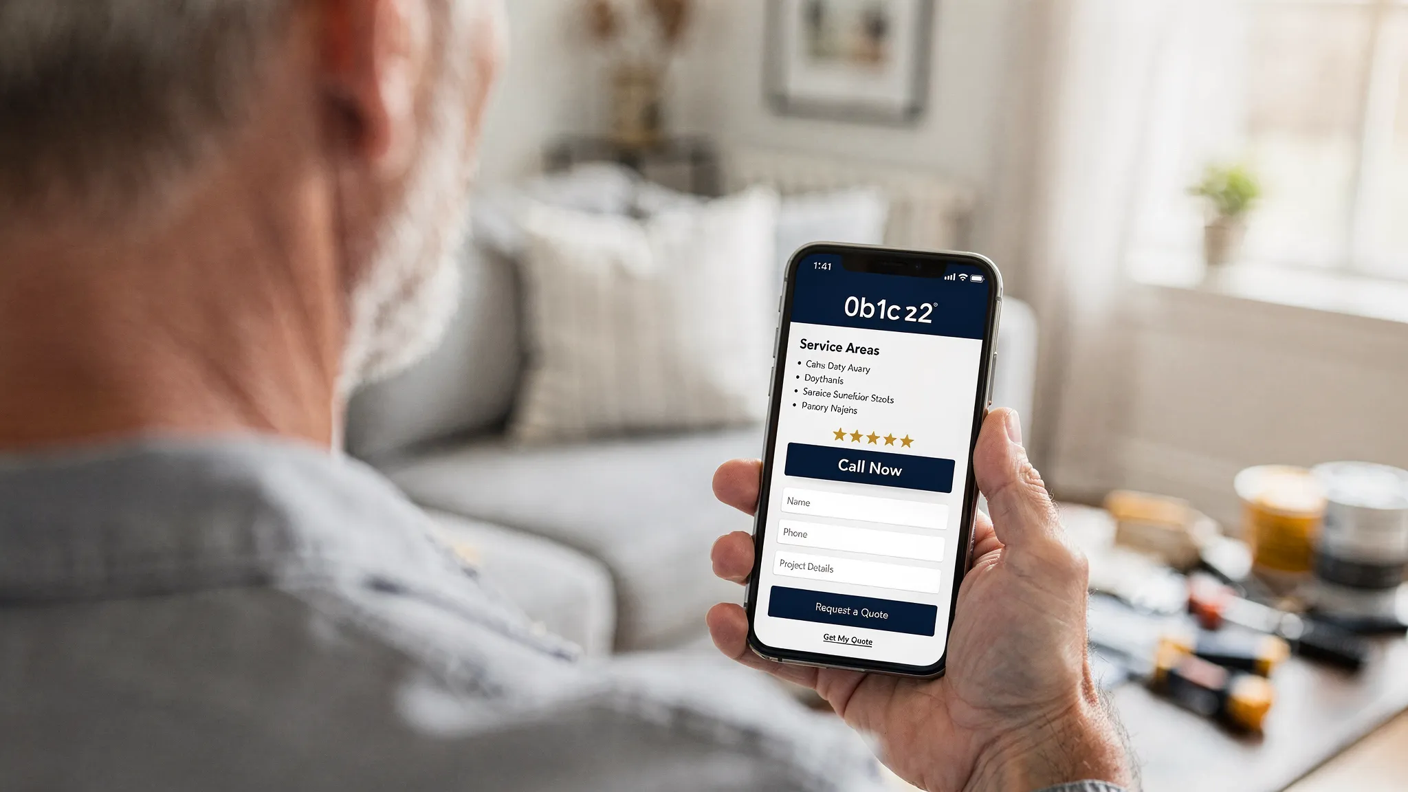 A homeowner holding a phone searches for a local contractor, then lands on a simple contractor website page showing a big “Call Now” button, service area list, star reviews, and a short request-a-quote form.
