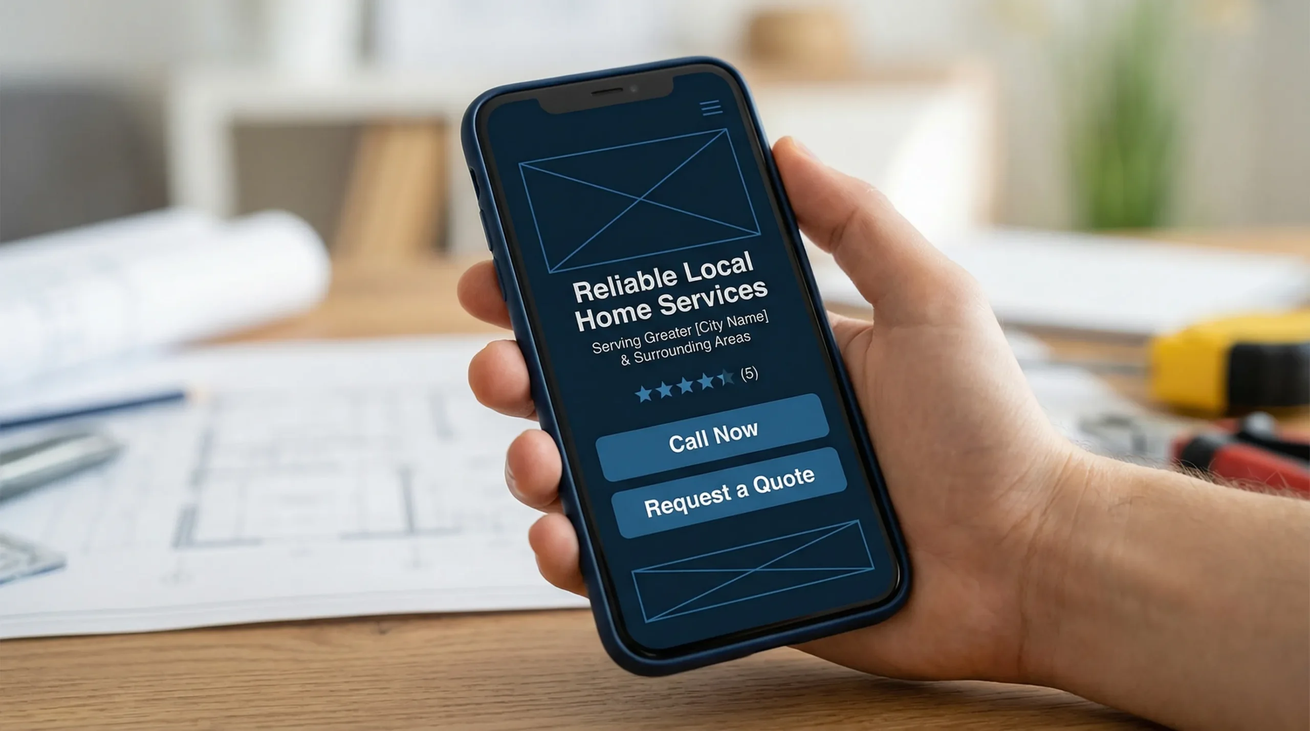 A mobile-first local service homepage hero section wireframe showing a clear headline, service area line, star rating snippet, and two buttons: Call Now and Request a Quote.