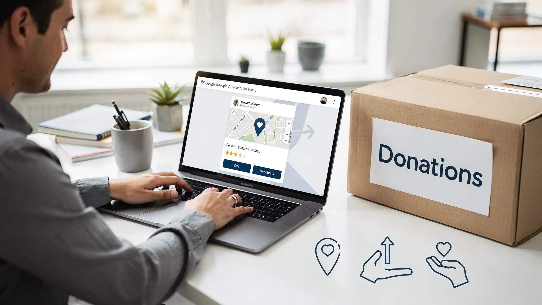 A nonprofit staff member updating a Google Business Profile listing on a laptop next to a donation box, with a simple map pin graphic and icons for calls, directions, and donations.