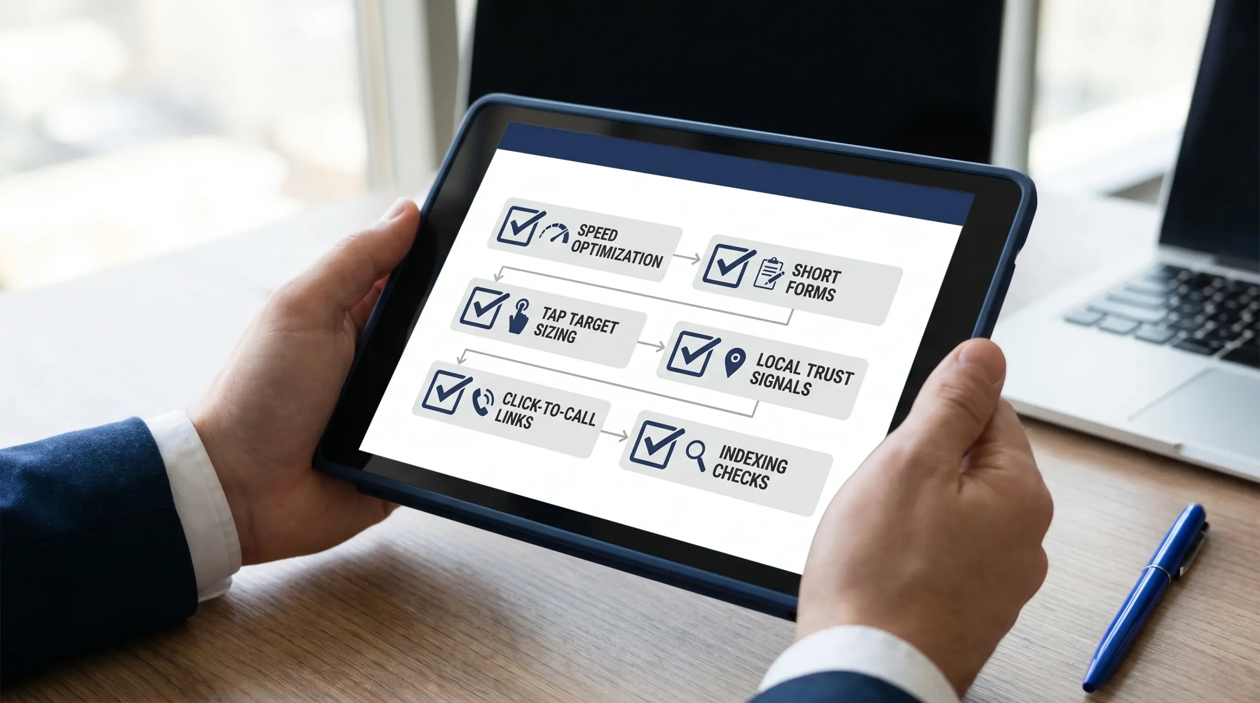 A simple checklist-style graphic showing a mobile SEO audit with items like speed, tap targets, click-to-call, short forms, local trust signals, and indexing checks, presented as a clean business workflow.
