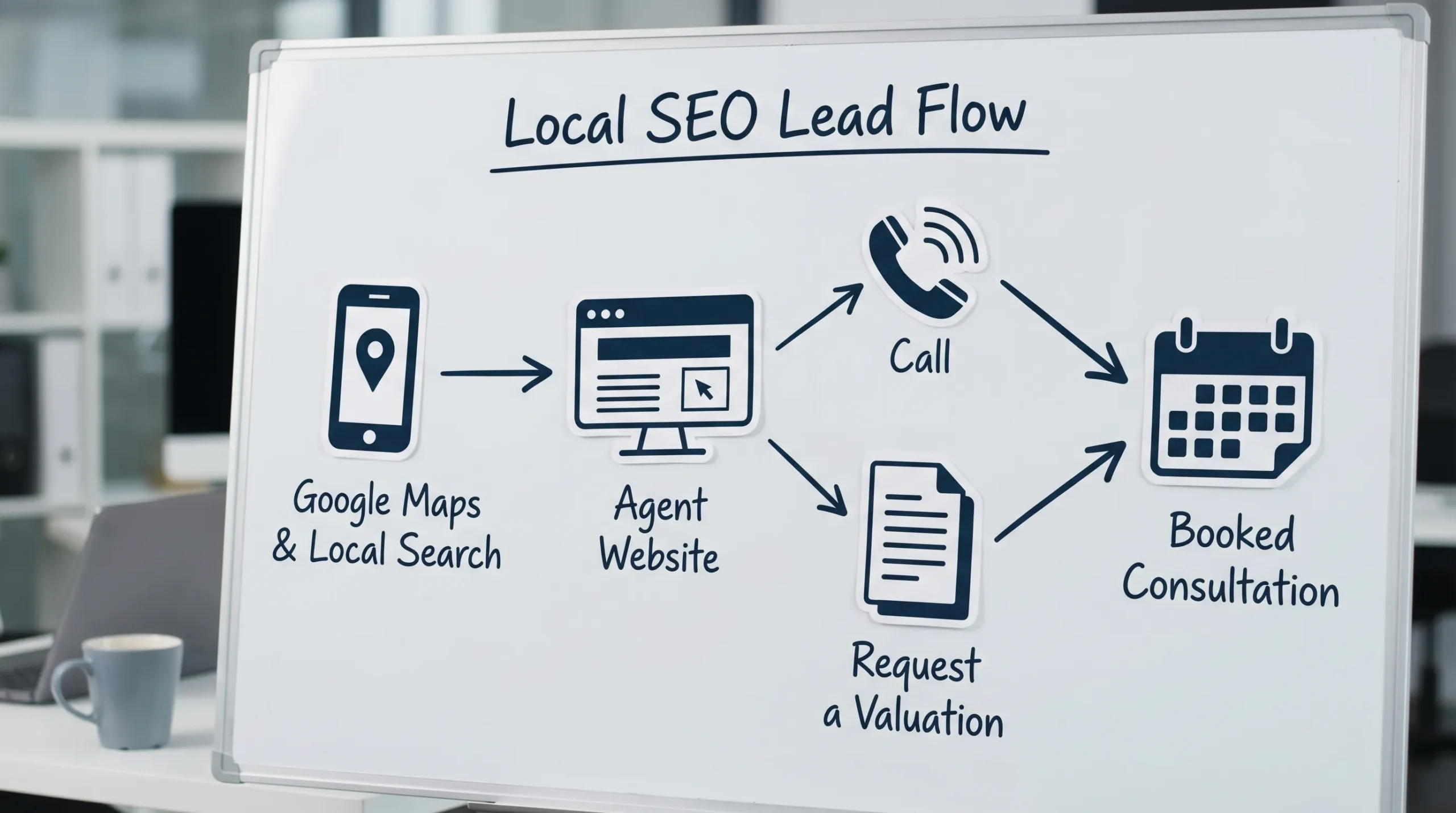 A simple diagram showing the local SEO lead flow for a real estate agent: Google Maps listing and local search results lead to an agent website, then to two conversion options, “Call” and “Request a valuation,” which feed into a “Booked consultation” outcome.
