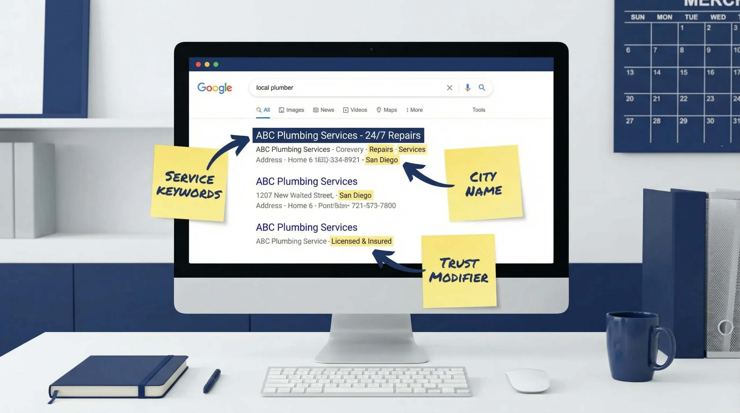 A simple Google search results mockup showing three local business listings, with title tags highlighted and notes pointing to service keywords, city name, and a trust modifier like “Licensed & Insured”.
