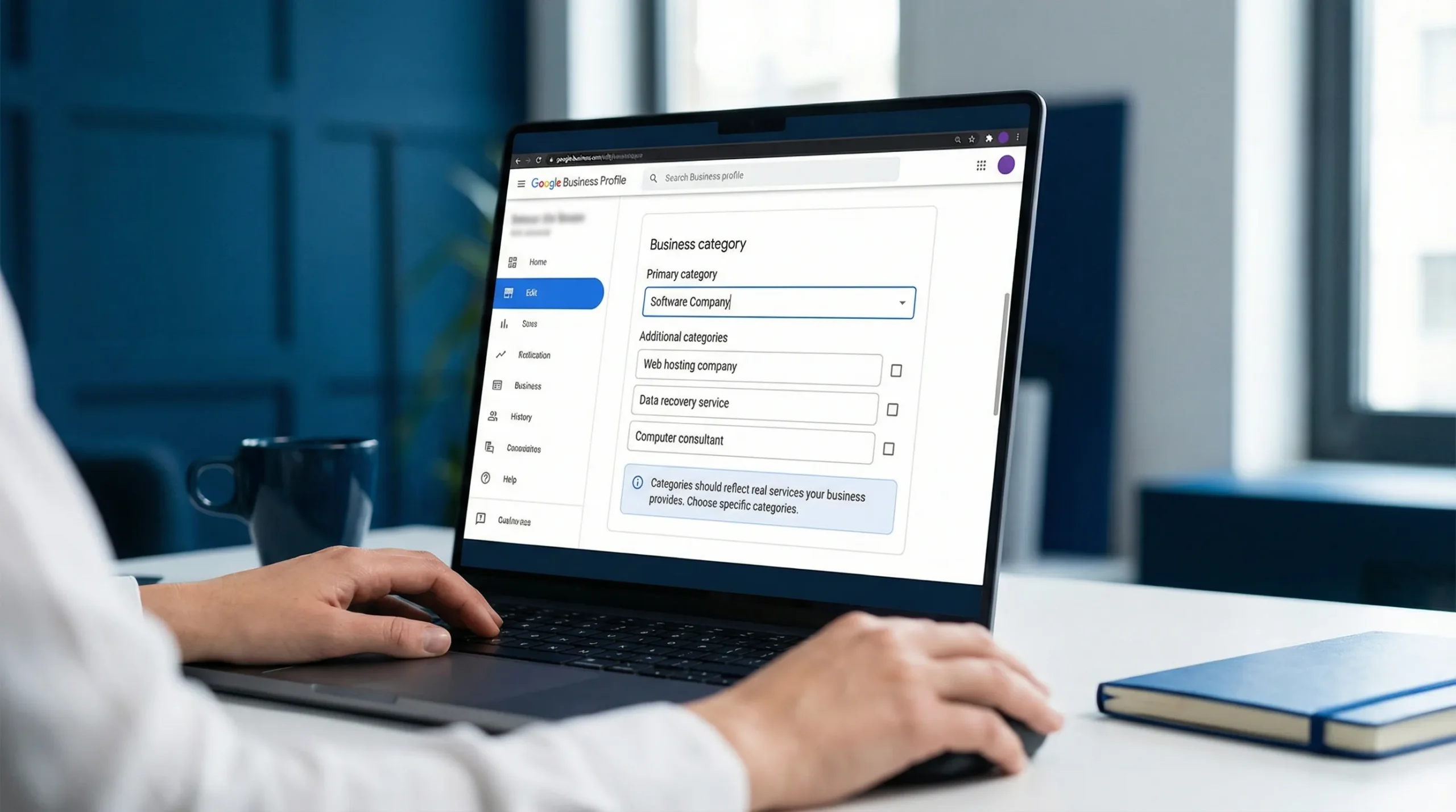 A simple illustration of a Google Business Profile edit screen showing the “Business category” field with a primary category selected and several additional categories listed below, plus a note that categories should reflect real services.