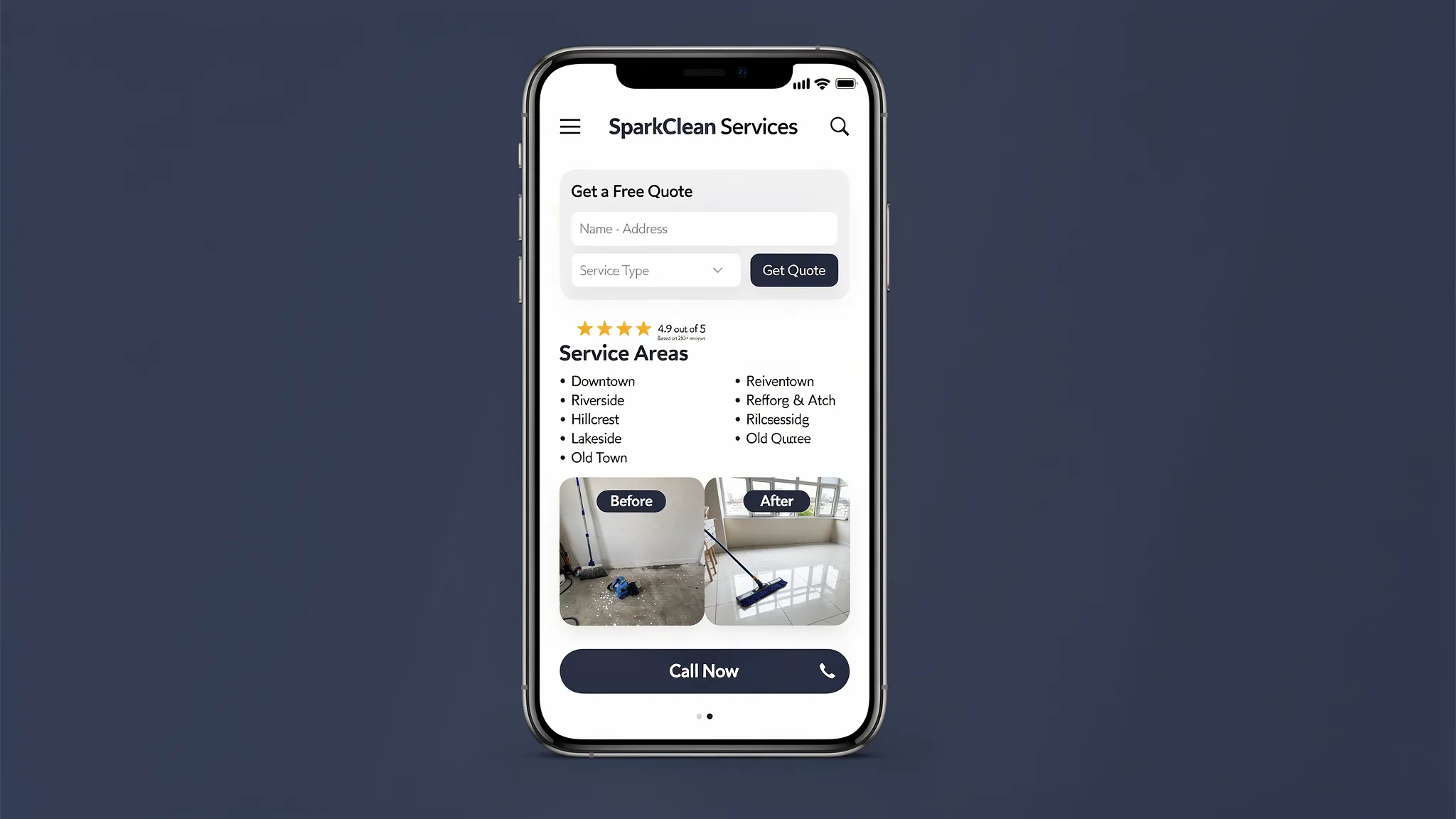 A simple mobile view of a cleaning company website homepage showing a sticky “Call Now” button, a short quote form, service area neighborhoods listed, star rating/reviews, and before-and-after cleaning photos. The phone screen is upright and nothing appears behind the screen.