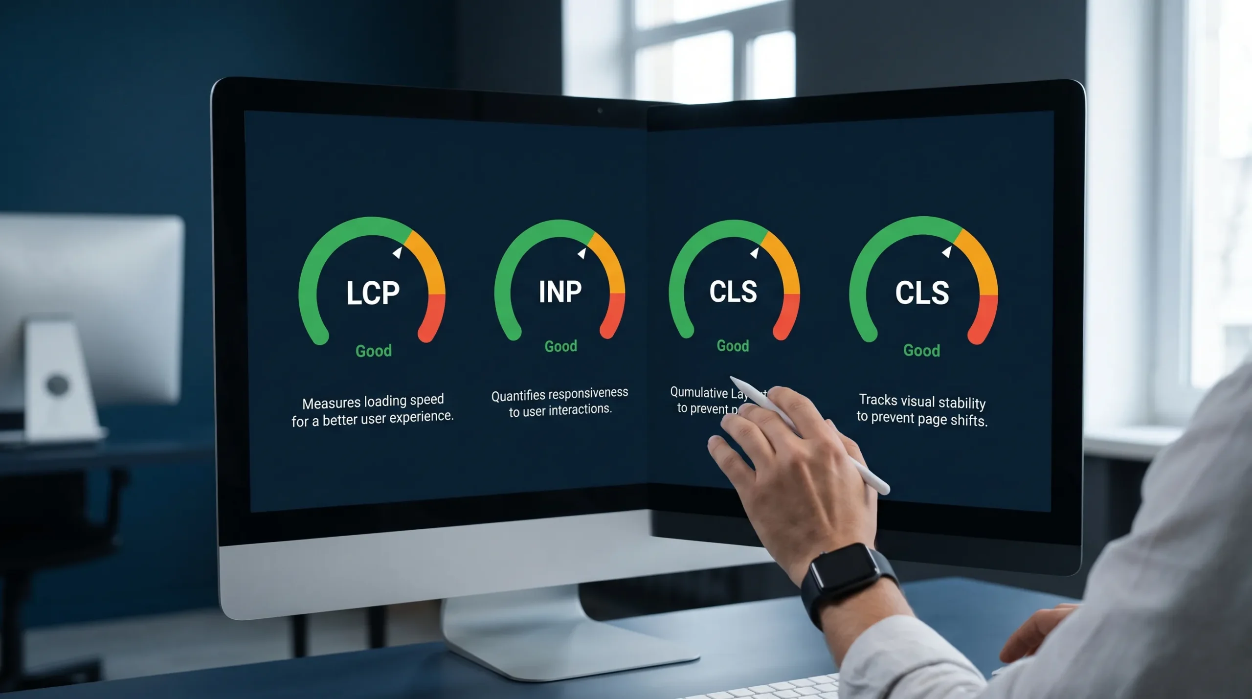 A simple visual dashboard showing three gauges labeled LCP, INP, and CLS with green “Good” target ranges and short one-line descriptions of what each metric means for real visitors.