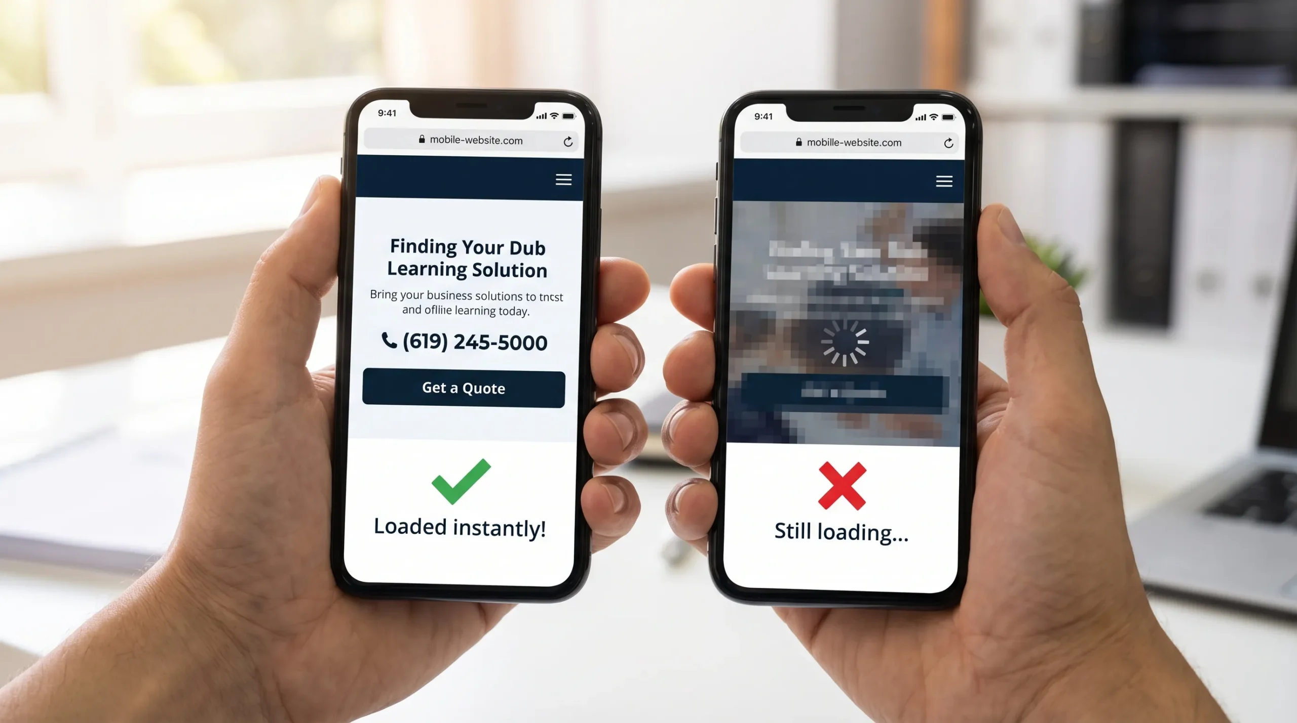 A simple visual showing a mobile website hero area with a phone number and “Get a Quote” button loading fast, contrasted with a slow-loading hero with a large uncompressed background image.