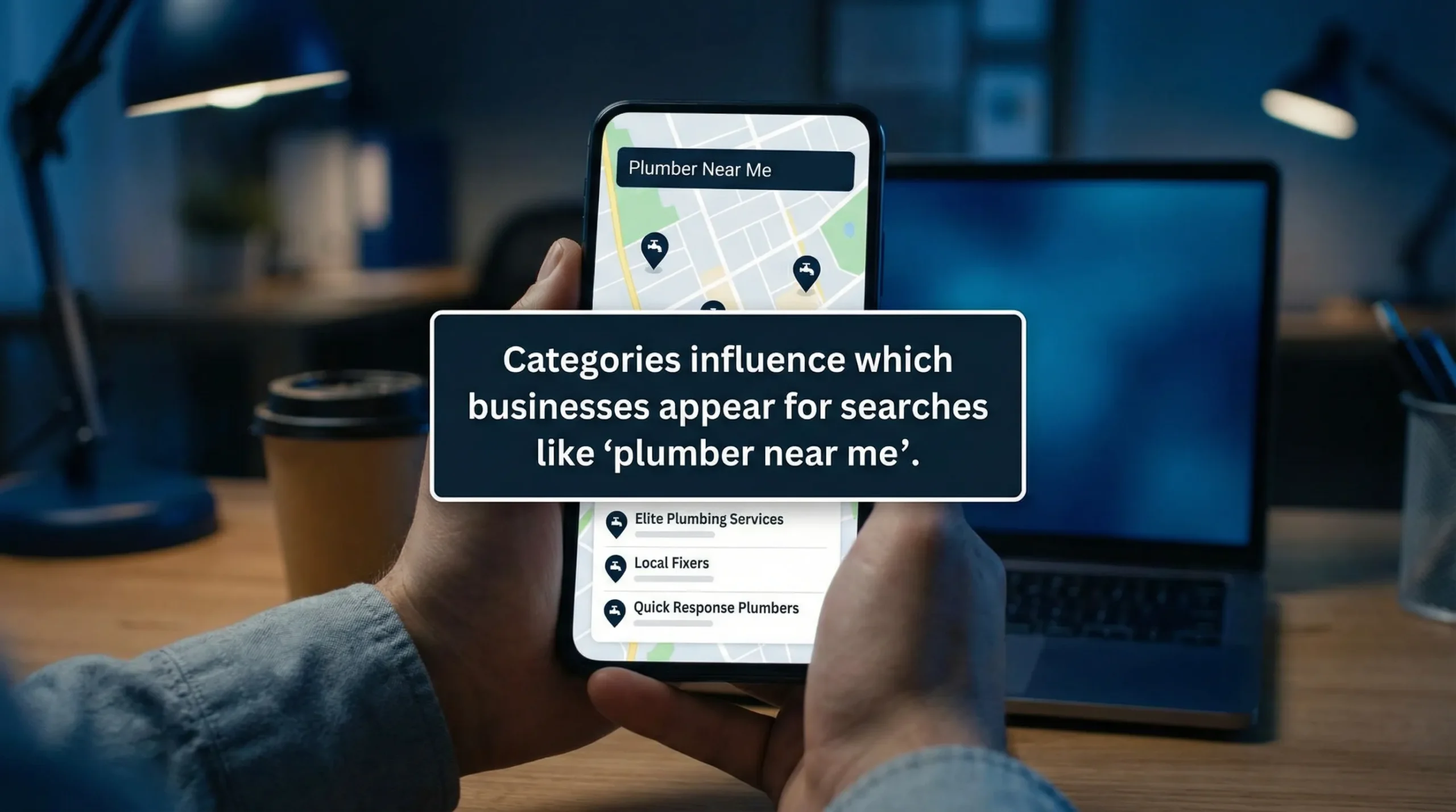 A simplified local map results scene showing three businesses in a “map pack,” with a highlighted callout explaining that categories influence which businesses appear for a search like “plumber near me.”