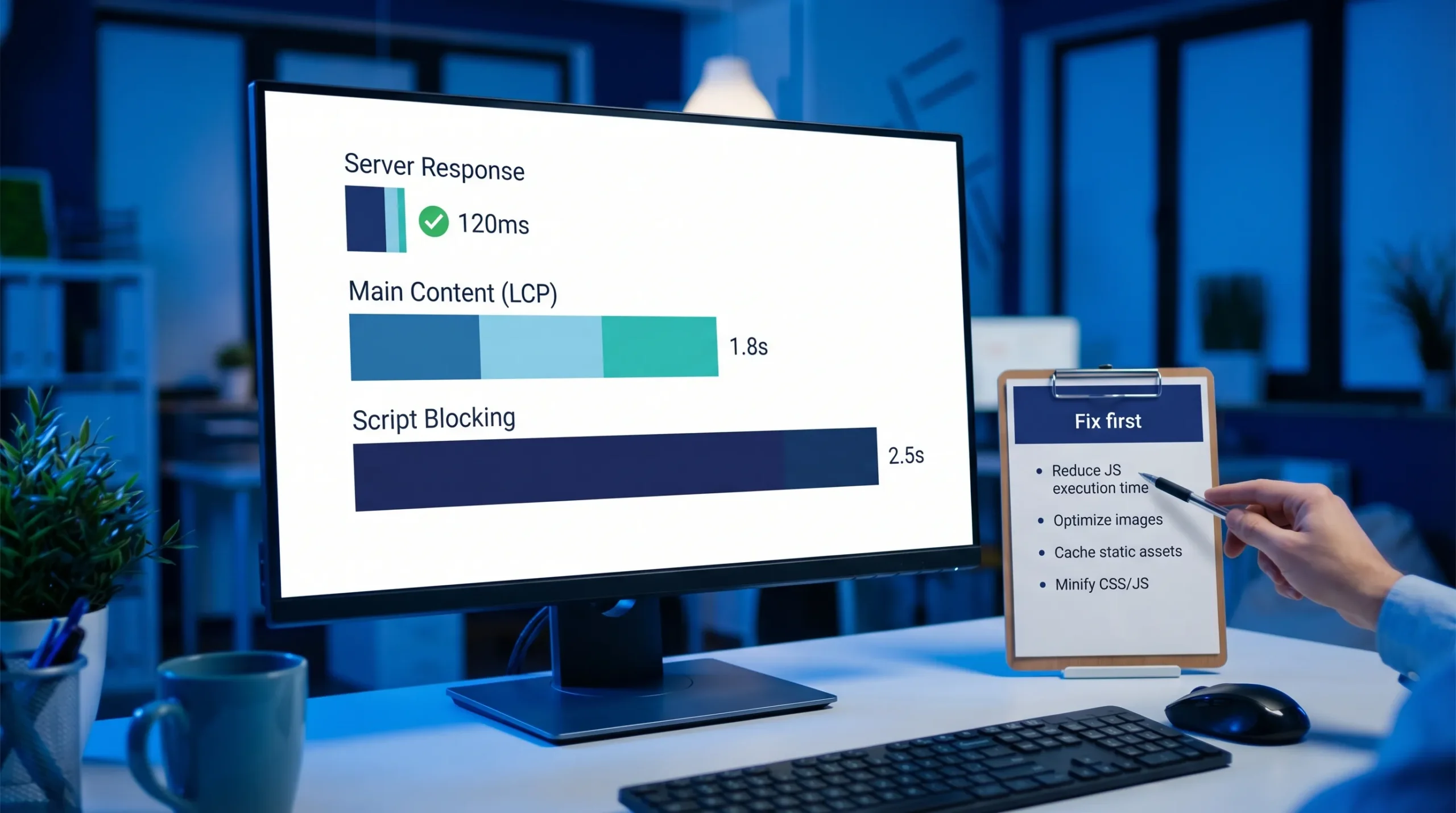 A simplified waterfall-style performance chart with labeled sections for server response, main content (LCP), and script blocking, alongside a small checklist titled “Fix first.”