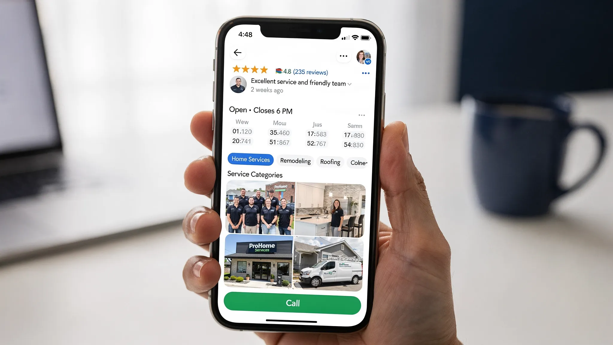 A smartphone showing a Google Maps business listing with a clear Call button, star rating with recent reviews, accurate hours, service categories, and a grid of real business photos like team, storefront, and completed work.