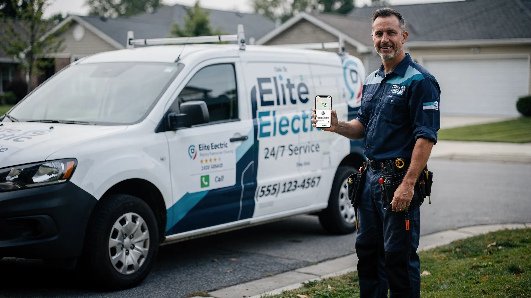 An electrician standing next to a clearly branded service van on a residential street, holding a phone with Google Maps open in the correct direction, showing a local business listing and a tap-to-call button.