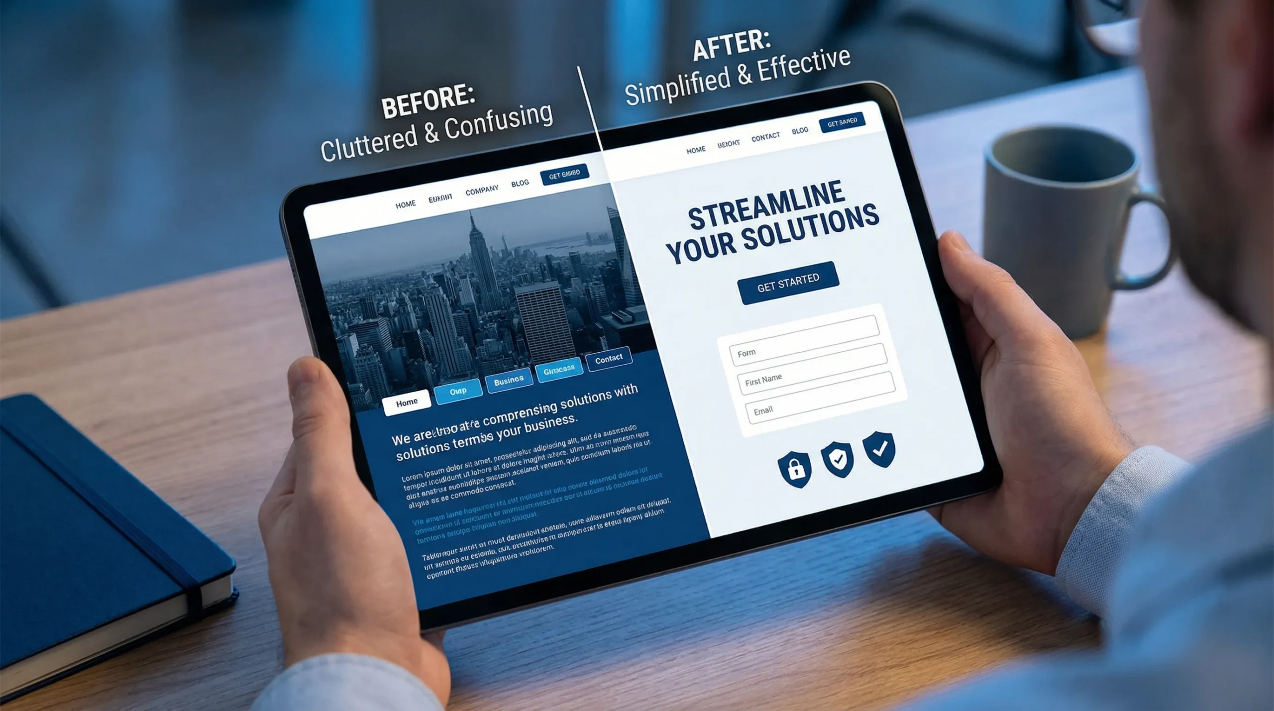 Side-by-side comparison mockup of two above-the-fold website sections, one cluttered with a big image and multiple buttons, the other simplified with a clear headline, single CTA, short form, and visible trust signals.