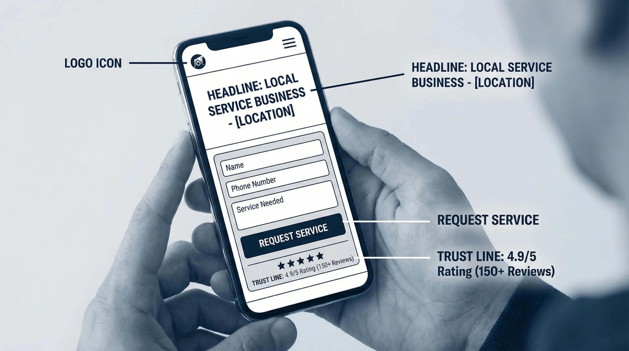 Simple annotated wireframe of a mobile above-the-fold section for a local service business website, showing a clear headline with location, a short 3-field form, one primary CTA button, a small trust line with star rating, and minimal navigation.