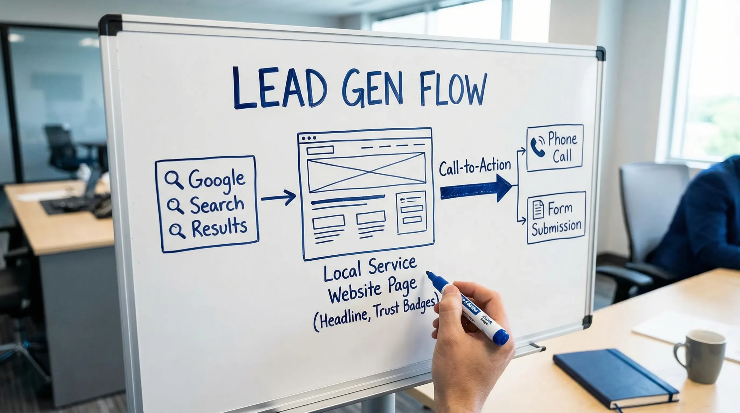 Simple lead-generation flow diagram showing: Google search results leading to a local service website page with clear headline and trust signals, then a prominent call-to-action resulting in a phone call or form submission.