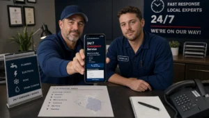 A business owner and technician review an emergency service page on a smartphone beside a service counter, with service area notes and a desk phone nearby.