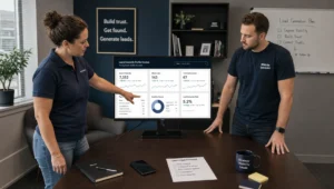 A business owner and website specialist review search visibility, calls, and form submissions on a desktop monitor in an office.