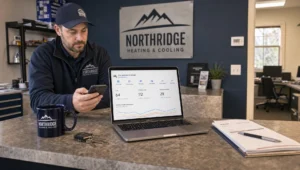 A business owner checks Google Business Profile results on a phone and laptop during a normal workday.