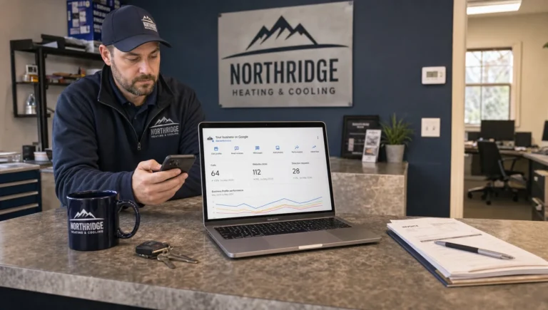 A business owner checks Google Business Profile results on a phone and laptop during a normal workday.