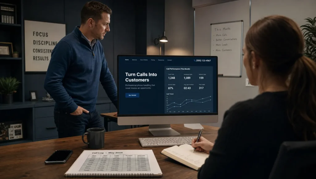 A business owner reviews phone performance on a desktop monitor while notes and a call log sit on the desk.