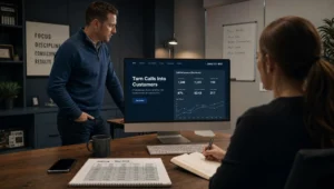 A business owner reviews phone performance on a desktop monitor while notes and a call log sit on the desk.