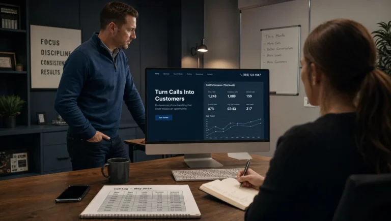 A business owner reviews phone performance on a desktop monitor while notes and a call log sit on the desk.