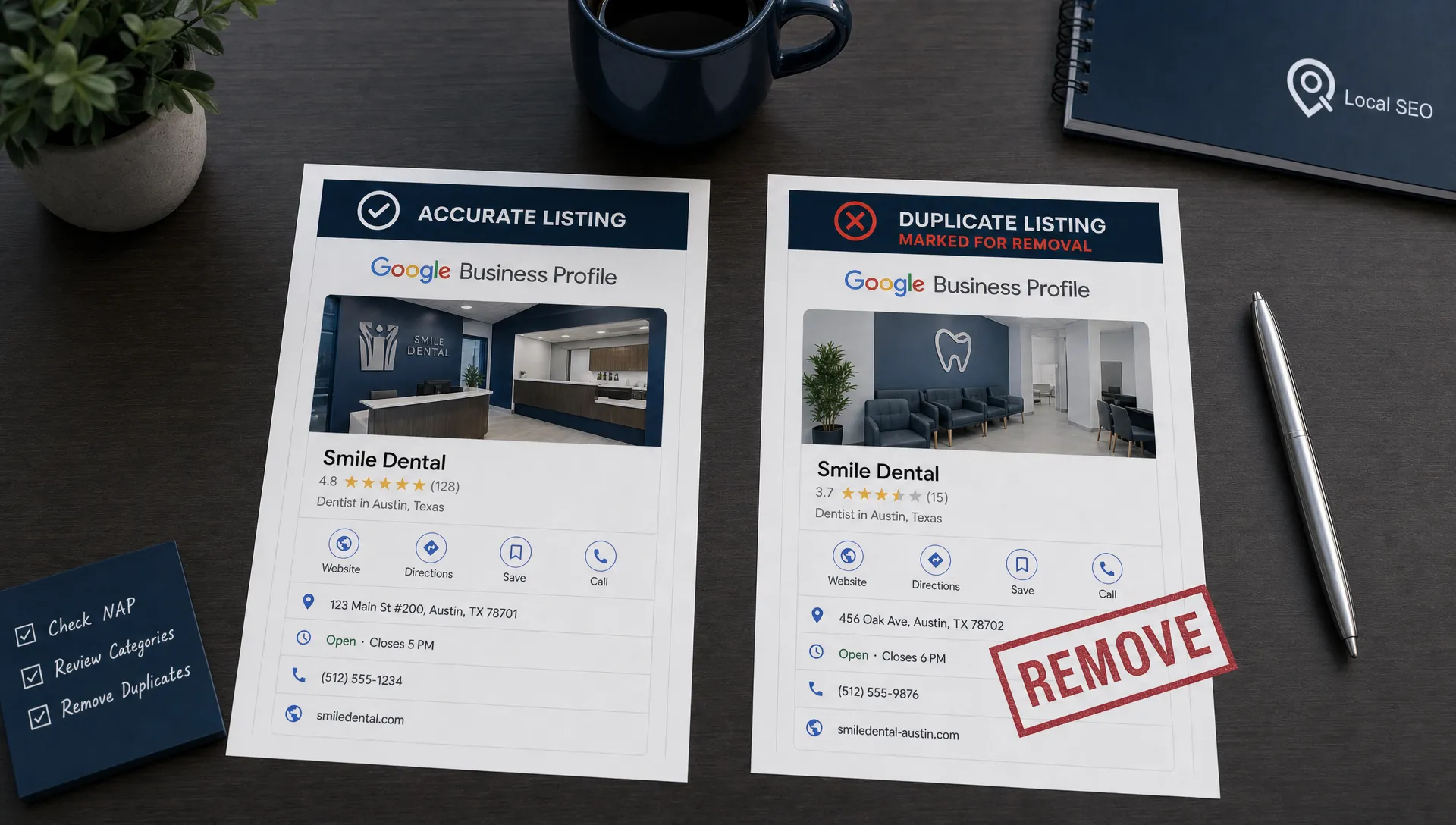 A desk with two Google Business Profile printouts, one accurate listing and one duplicate marked for removal.