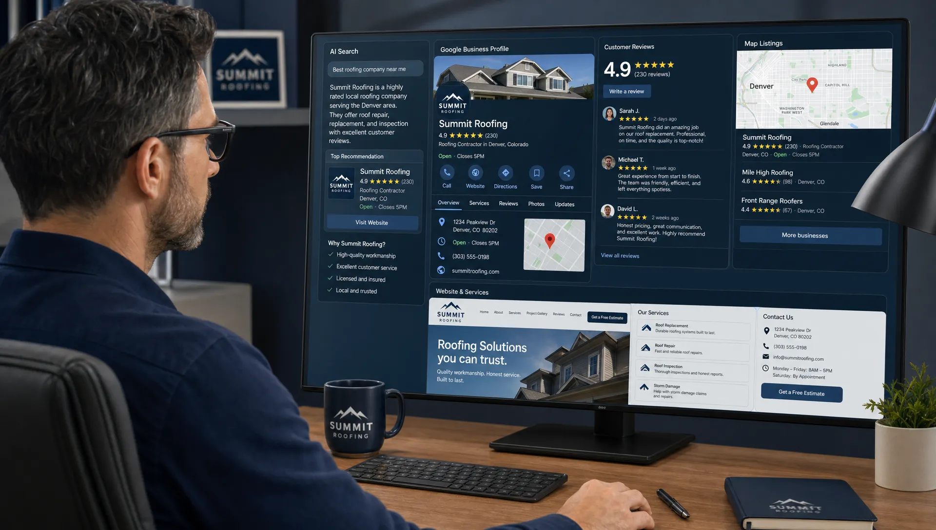 A local business owner reviews AI search results, a Google Business Profile, customer reviews, map listings, and service pages with matching business details.
