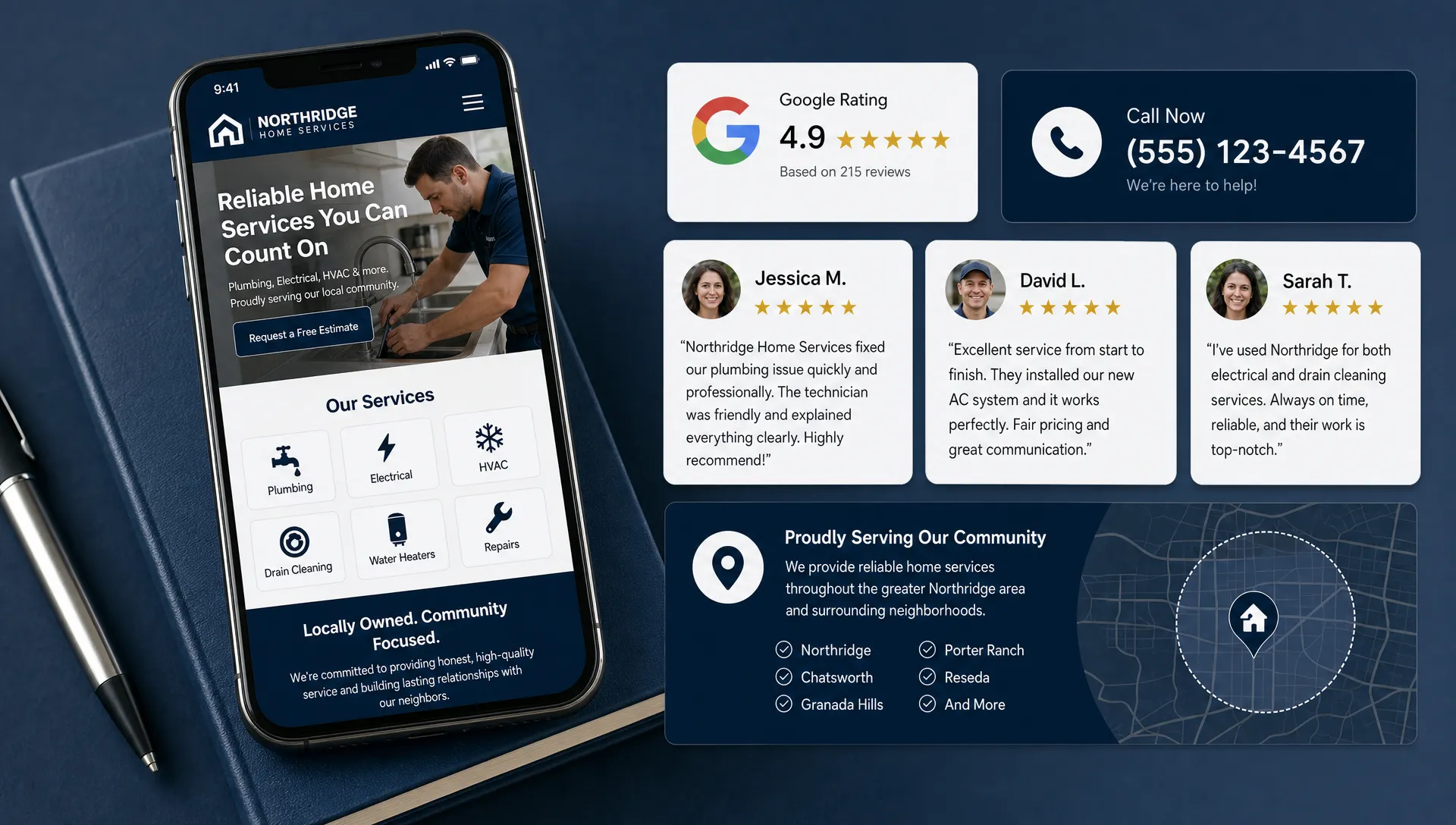 A local business website appears on a phone beside review cards, a call button, service area details, and customer testimonial snippets.