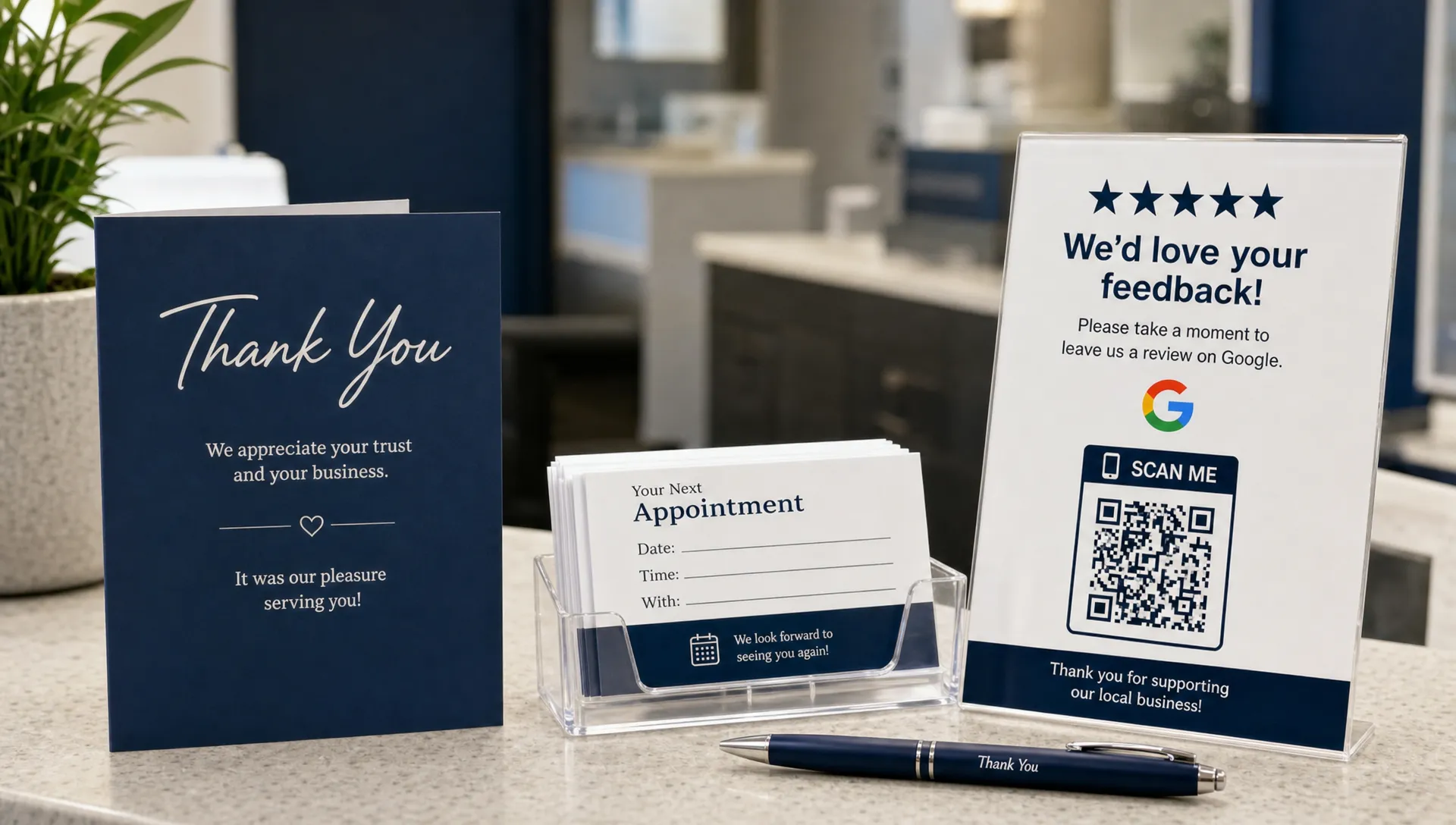 A local service counter with a thank-you card, appointment cards, a pen, and a direct Google review link.
