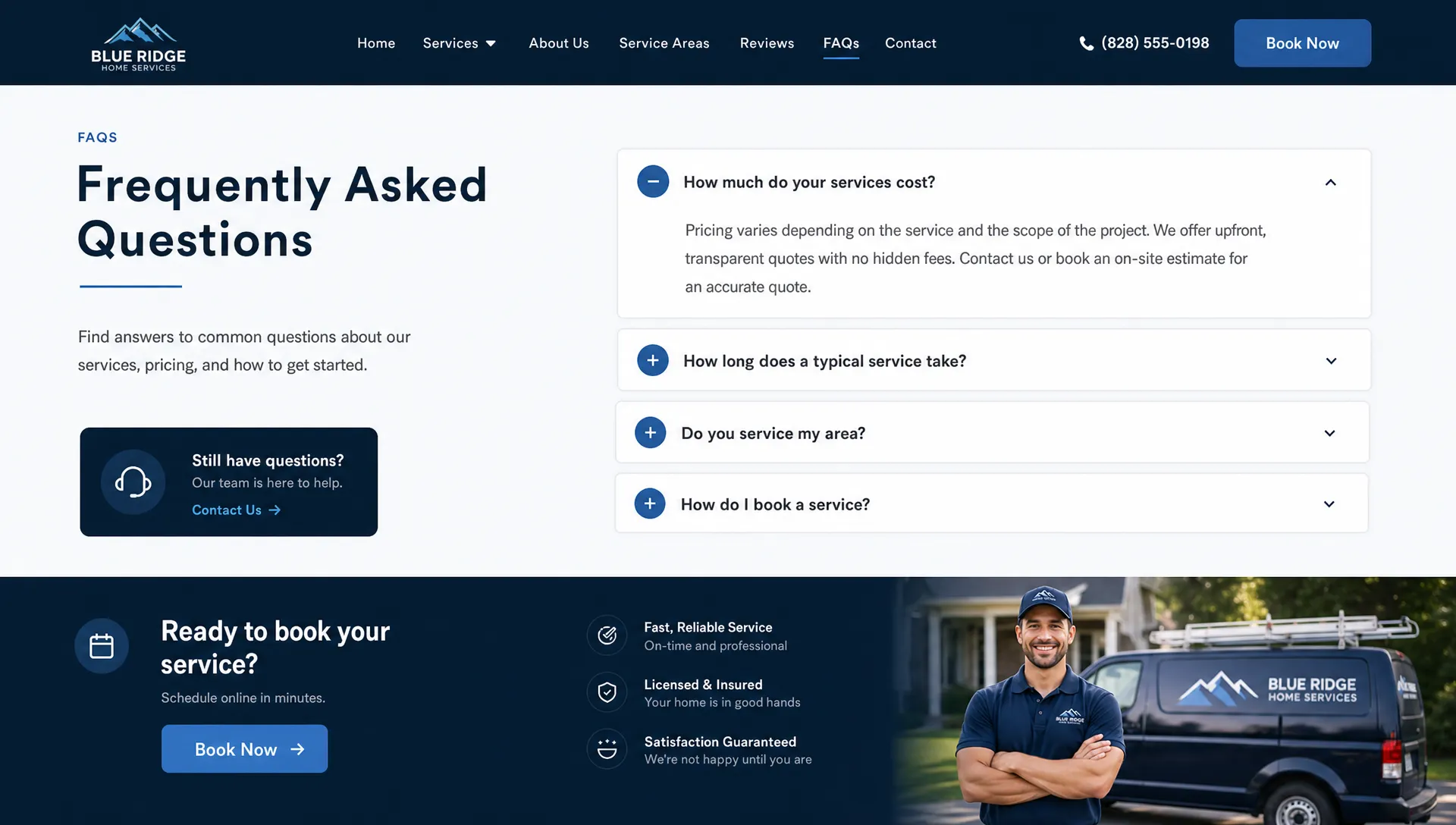 A local service website page shows FAQ questions about cost, timing, service areas, and booking.