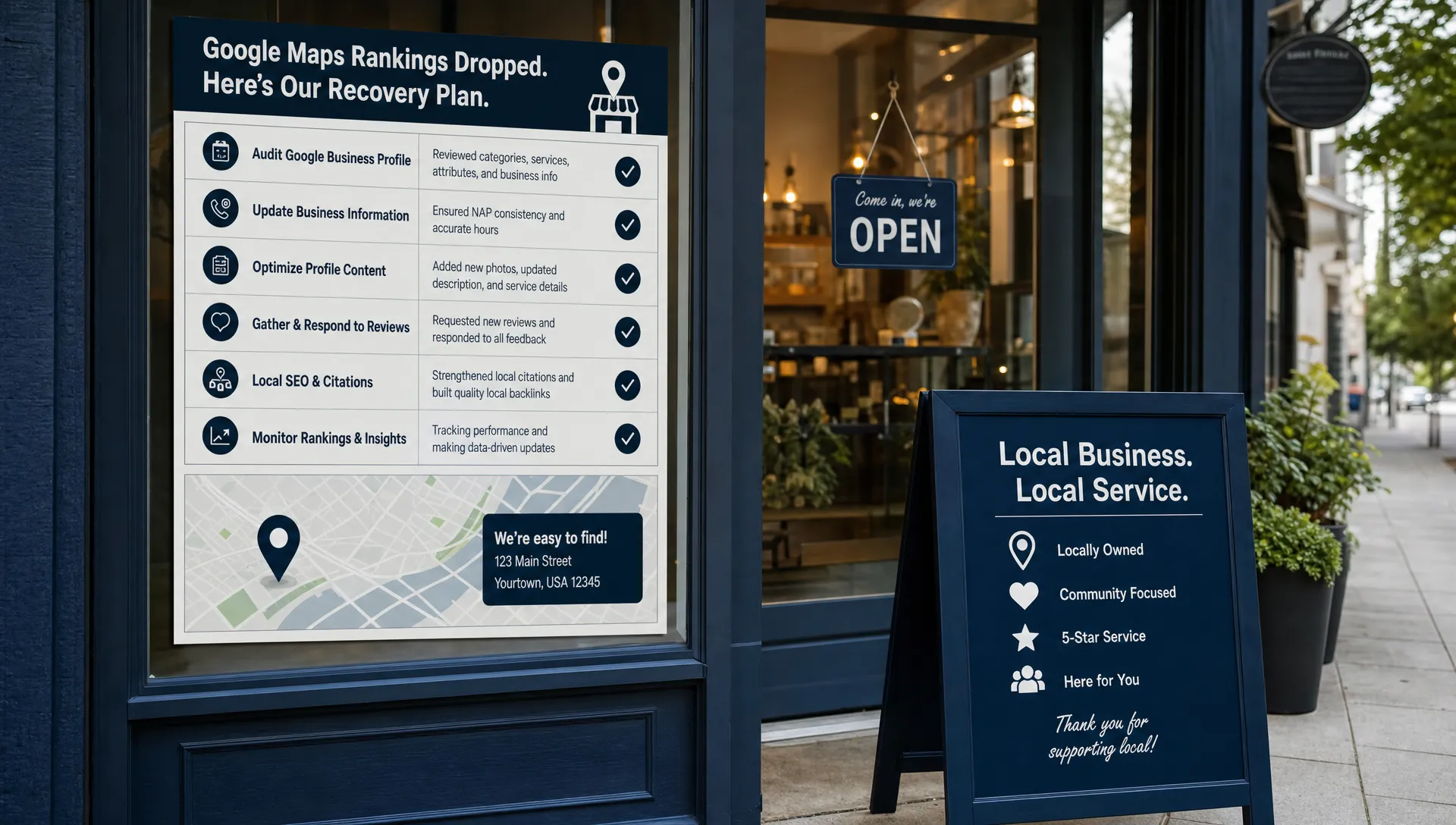 A local storefront with a recovery checklist and map-related details, showing the practical response when Google Maps rankings dropped.
