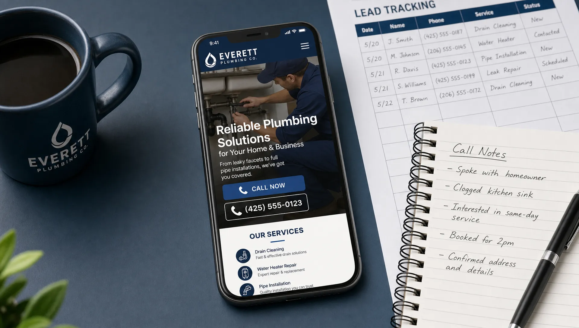 A mobile phone shows a local service business website with a click-to-call button and visible business number beside call notes and a lead tracking sheet.