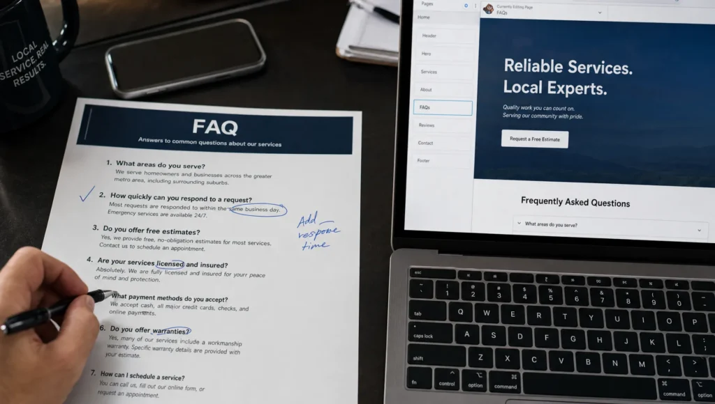 A printed FAQ page sits beside a laptop as a business owner reviews service questions for search traffic and leads.