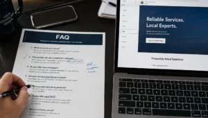A printed FAQ page sits beside a laptop as a business owner reviews service questions for search traffic and leads.