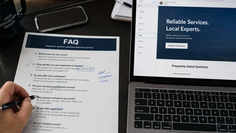 A printed FAQ page sits beside a laptop as a business owner reviews service questions for search traffic and leads.
