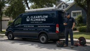 A service van and technician on a residential street, showing local service area work without a storefront.