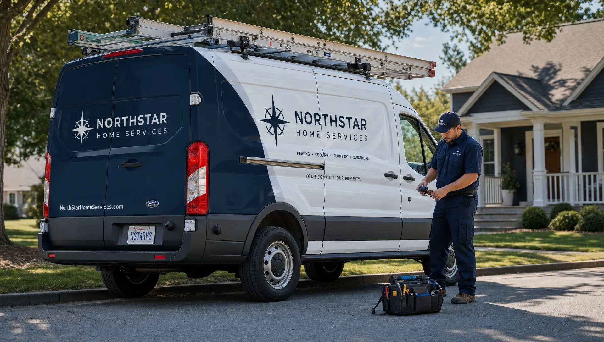 A service van parked in a residential neighborhood with a technician checking tools beside it.