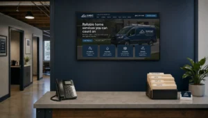 A small business office shows a website menu on a monitor near the reception desk and phone, suggesting an easy path to contact.