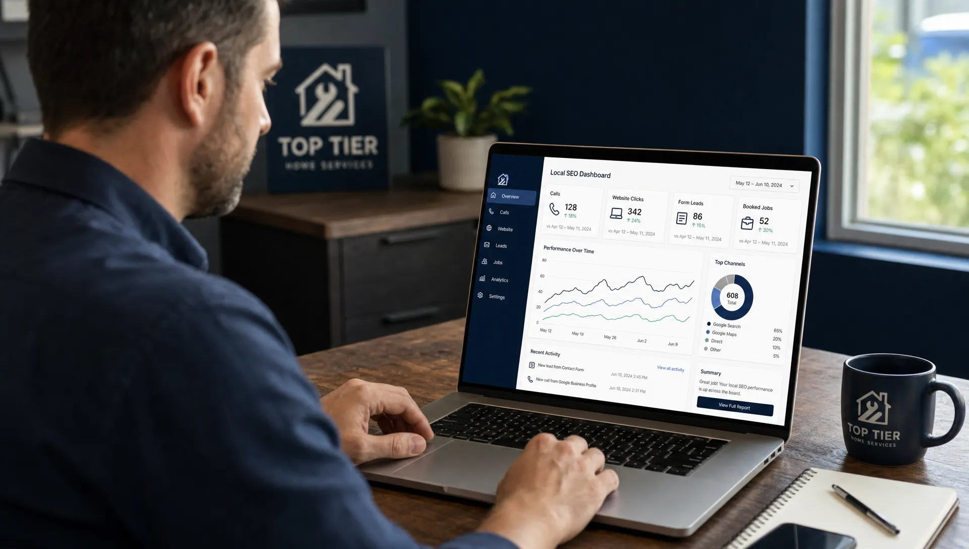A small business owner reviews a local SEO dashboard with calls, website clicks, form leads, and booked jobs on a laptop screen.