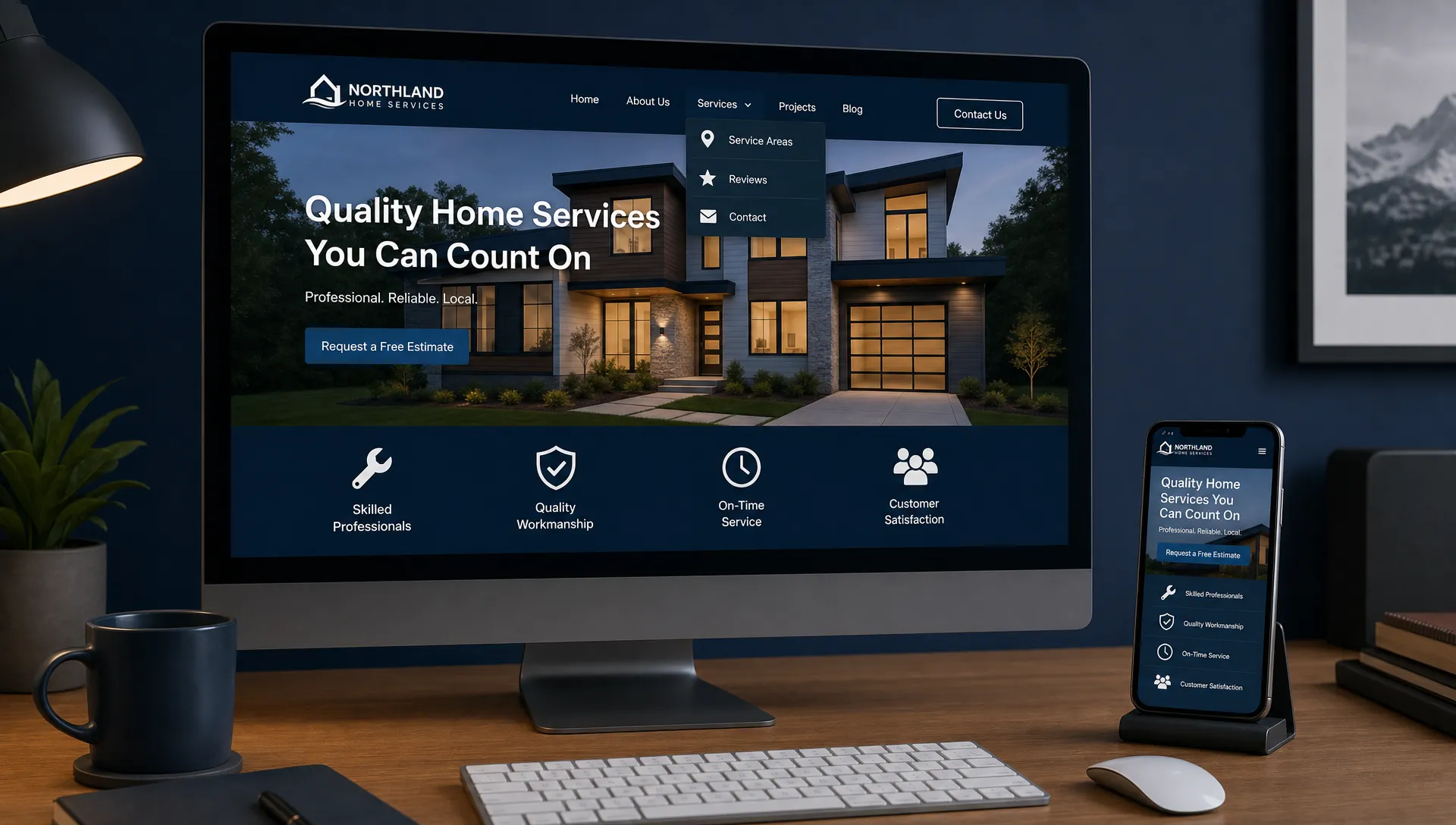 A small business website menu on a desktop screen leads from services to service areas, reviews, and contact, with a phone beside the monitor.