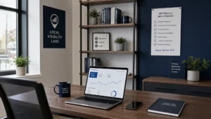 A small office workspace centers on local search analytics, a checklist, and tools for recovering Google Maps visibility.