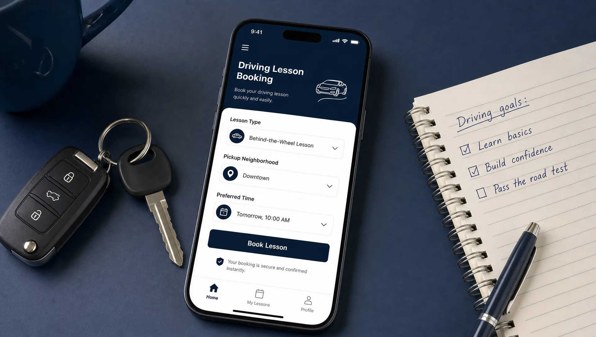 A smartphone shows a driving school booking page with lesson type, pickup neighborhood, preferred time, and a clear booking button beside car keys and a notepad.
